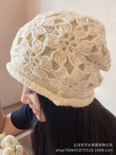 手工鈎花帽子女秋冬保暖時尚洋氣花朵頭套女雙層針織毛線帽包頭帽