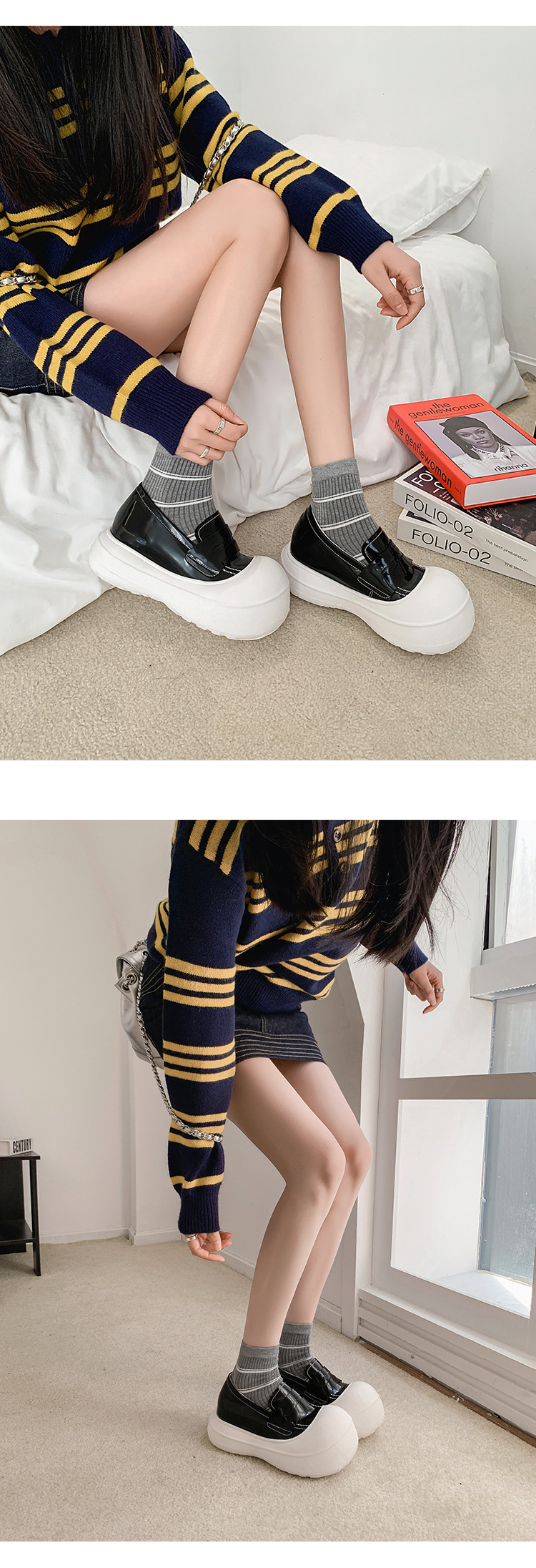 Giày loafer nữ đế dày 5cm da thật phong cách sneaker chunky — màu đen, màu trắng chi tiết 16