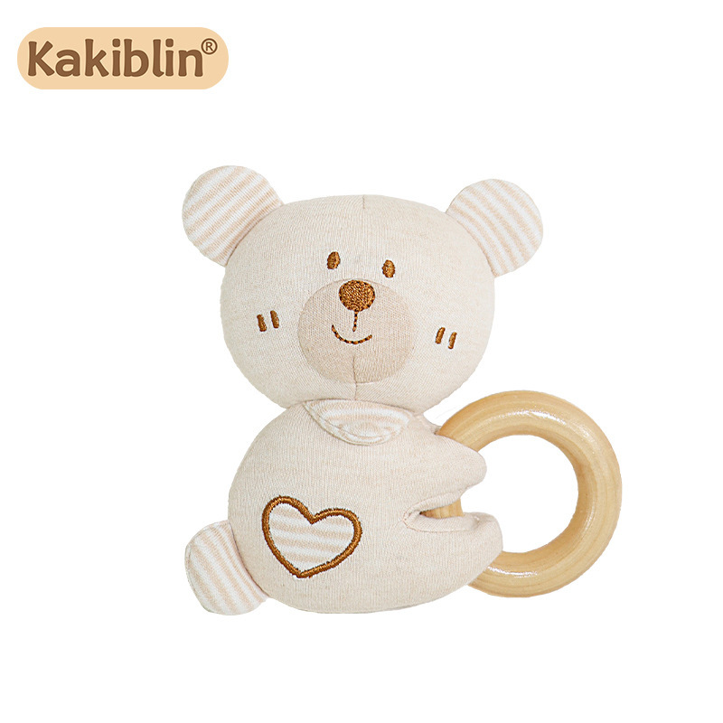 Kakiblin algodón orgánico mano anillo sonajero bebé puede morder Beech molienda palo bebé sacudida palo de juguete