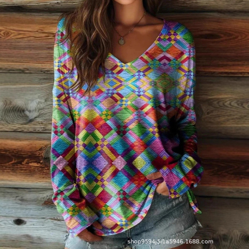 2025 Spring and Autum New Women's Loose Fashionable Long-Sleeved T-Shirt Accessible Luxury Retro Pattern Printing Versatile Trendyy V-Neck