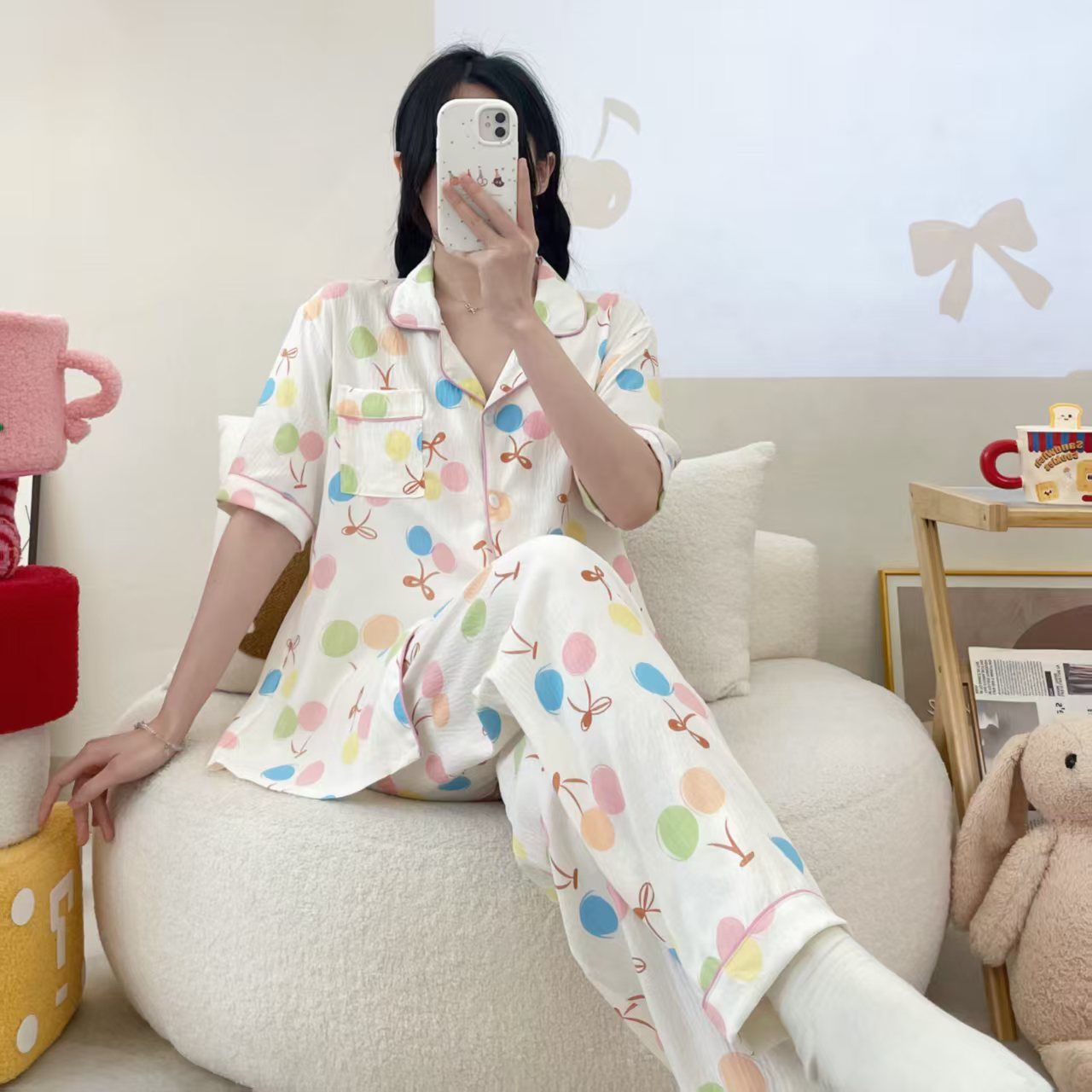 Comercio exterior al por mayor nubes de algodón de manga corta pantalones cardigans con la solapa pijamas de dibujos animados de mujer verano dulce ropa doméstica transfronteriza