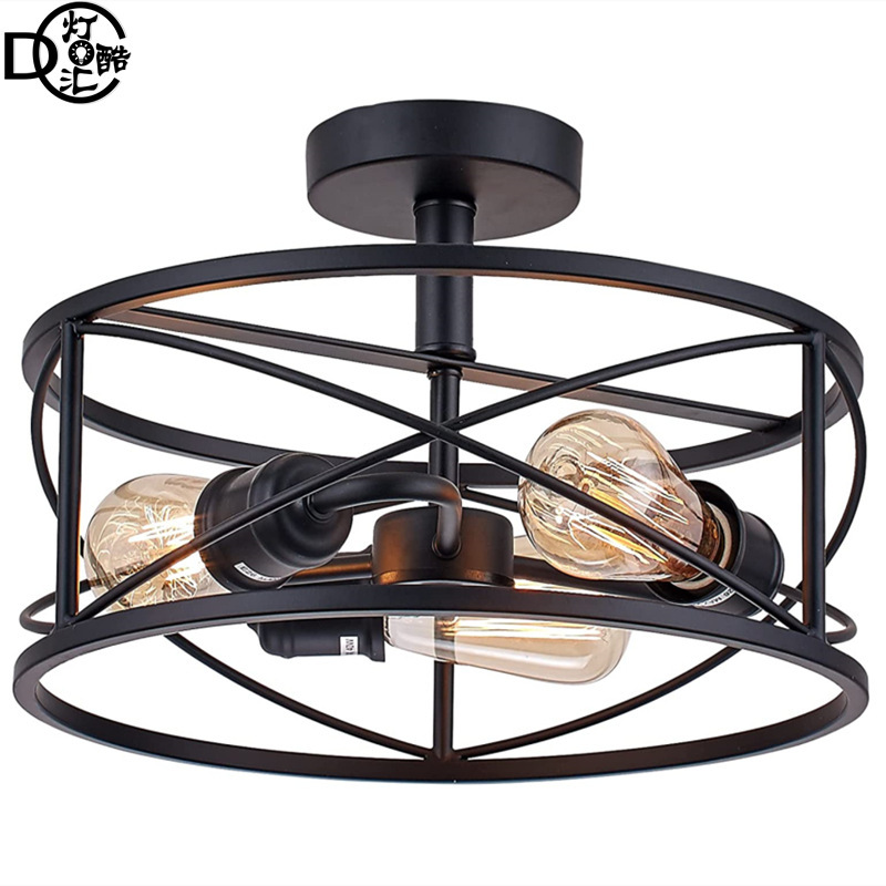 Cross-Border Amazon Wayfair American Retro Industrial Style Iron Ceiling Lamp Bedroom Study Round Lamp