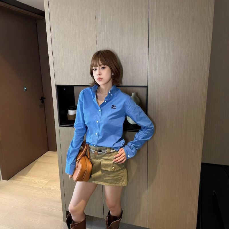 mm25夏季新款纯色衬衫刺绣字母减龄百搭叠穿女长袖蓝色衬衣|undefined