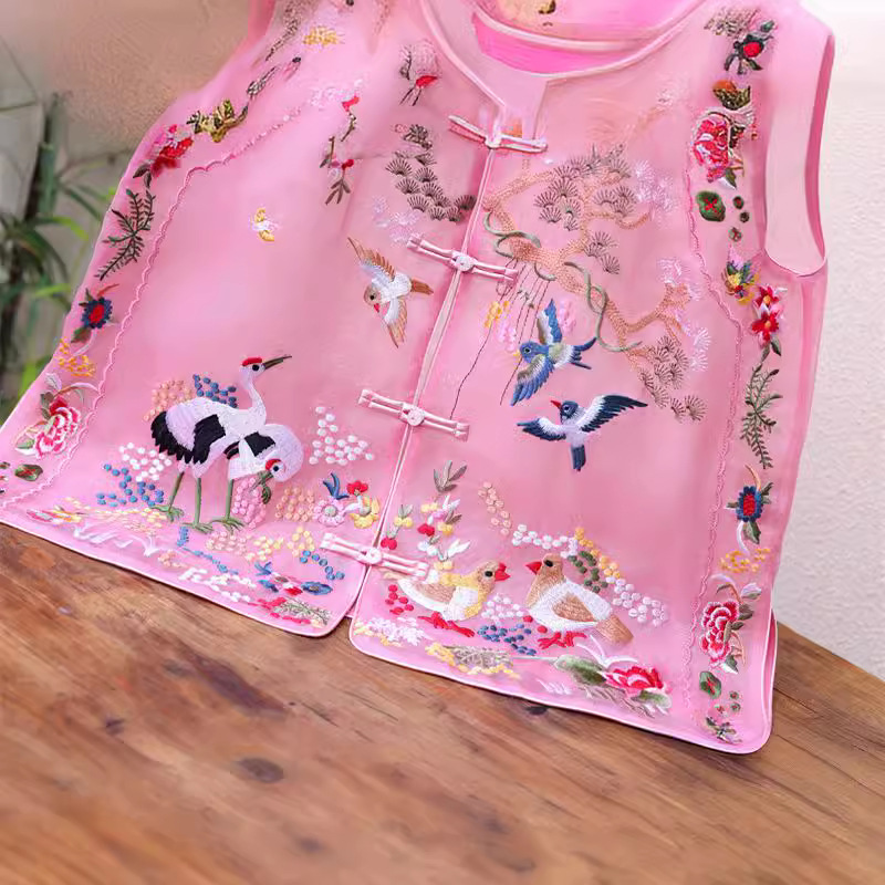 2024 spring and summer national fashion heavy embroidery double-layer silk organza Chinese Vest Women's buckle sleeveless top