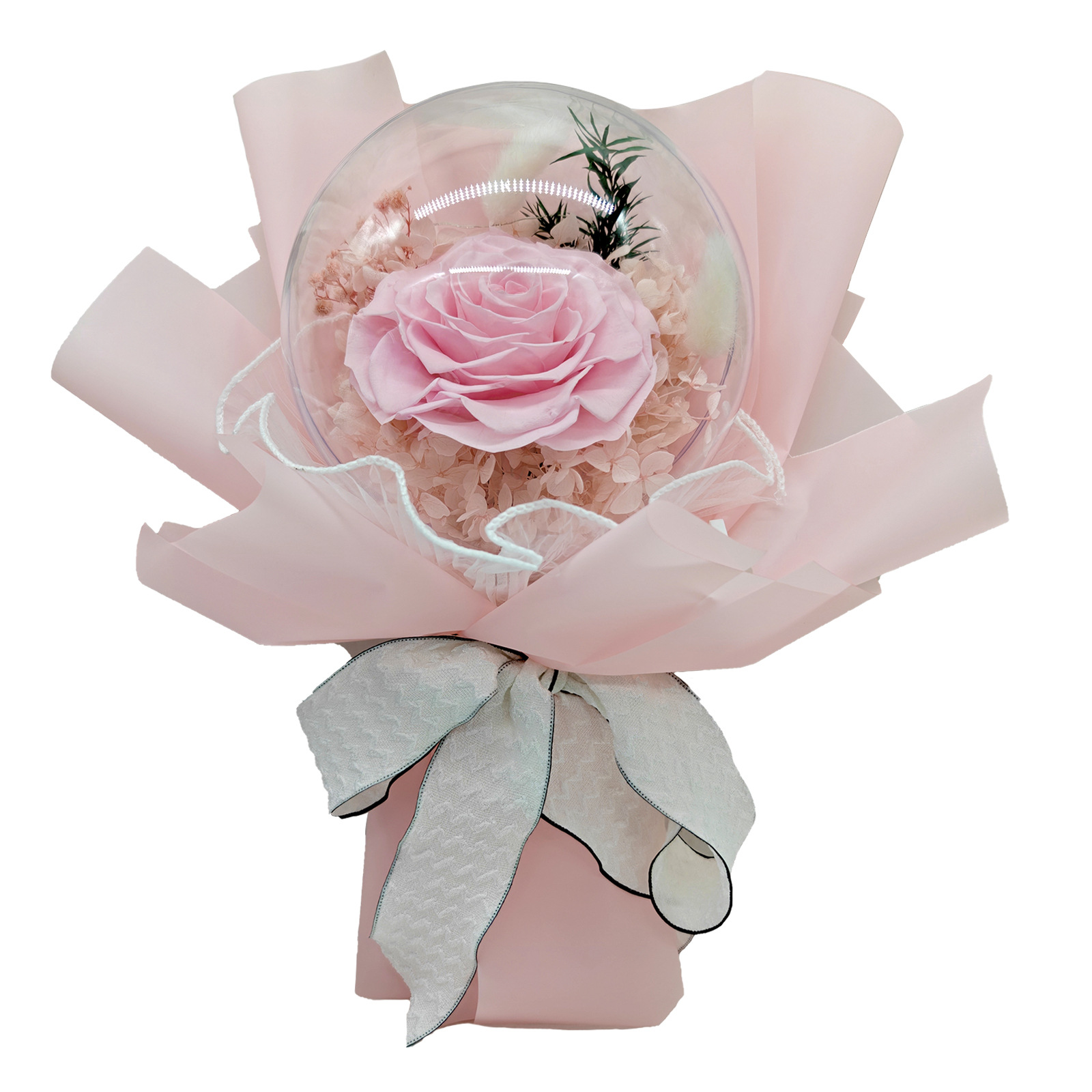 Yunnan Eternal Life Rose Bobo Ball Bouquet Caja de regalo terminada con luz Qixi San Valentín regalo hortensias ramo seco