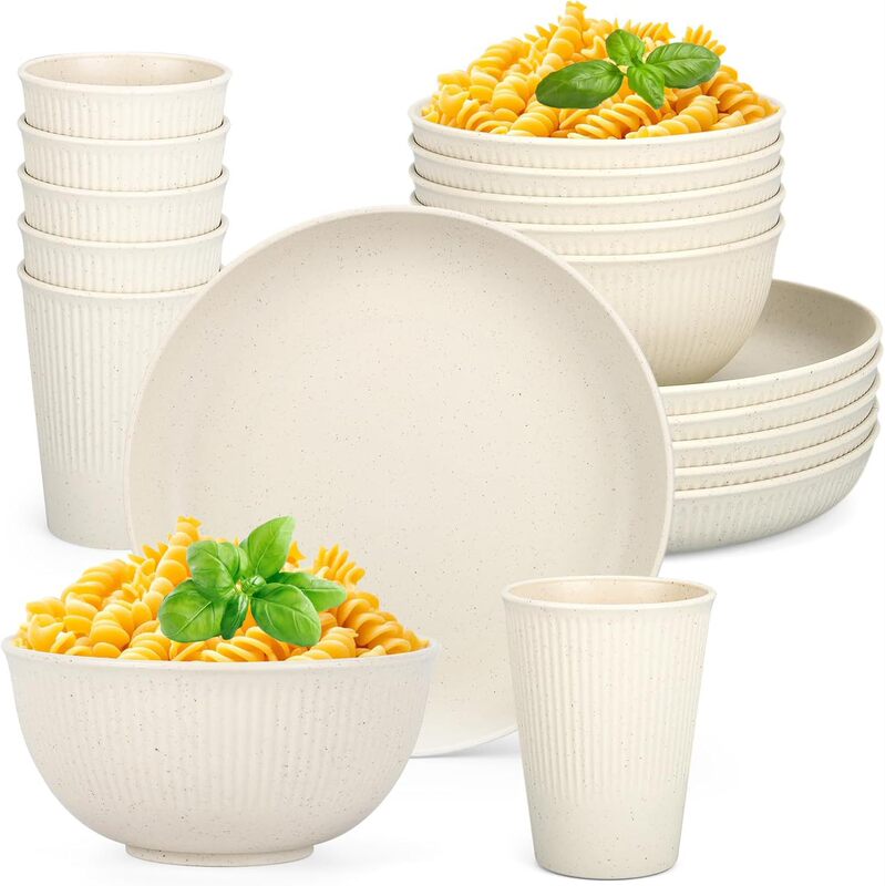 Amazon Wheat Straw Plate, Bowl and Cup 18Pcs Stripesd Household 6-Person Dinner Plate Salad Bowl Water Cup Tableware Set
