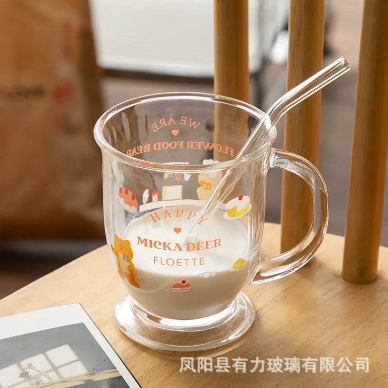 可爱小熊蛋糕杯子ins玻璃杯高颜值卡通印花喝水杯大容量女牛奶杯