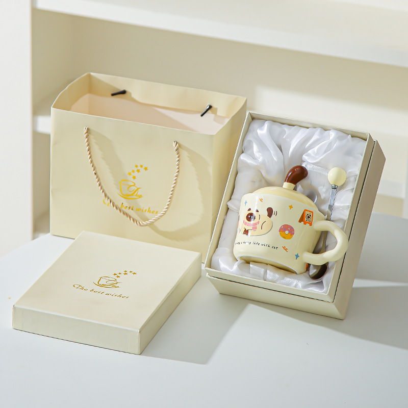 Divertido gato de dibujos animados tazas con cubierta de oficina adorable ins tazas de cerámica tazas de regalo creativas personales