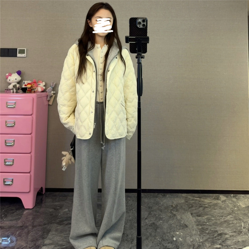 2025秋冬女装轻薄时尚叠穿菱格拼接可拆连帽棉服夹克短款外套|undefined
