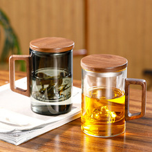 高硼硅透明玻璃三件杯家用办公带观山侧木把喝茶杯子男士泡茶杯