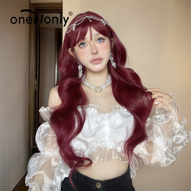 Korean and Japanese Style Long Curly Red Gradient Bangs Wig for Women, Trendy Fashion Wig, High-Temperature Fiber, in Stock