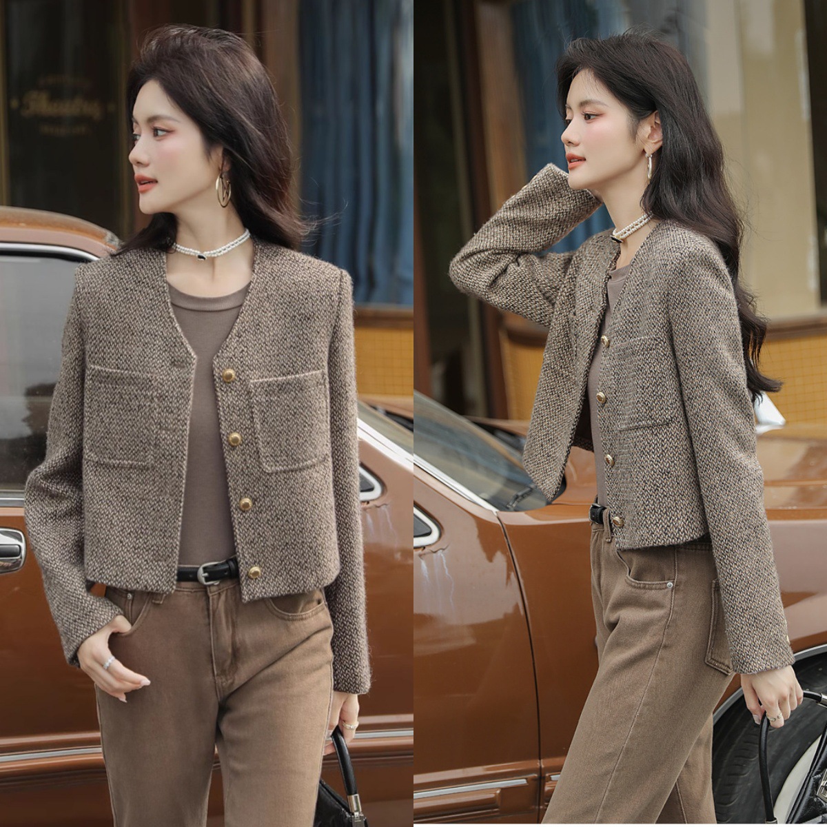 Cross-Border Simple Coffee-Colored Tweed French-Style Short Top for Women, Spring High-End Chic and Sophisticated Jacket