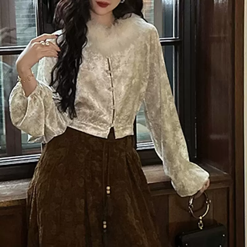 【繁星】设计款拼接毛领小上衣2025新款显瘦新中式衬衫