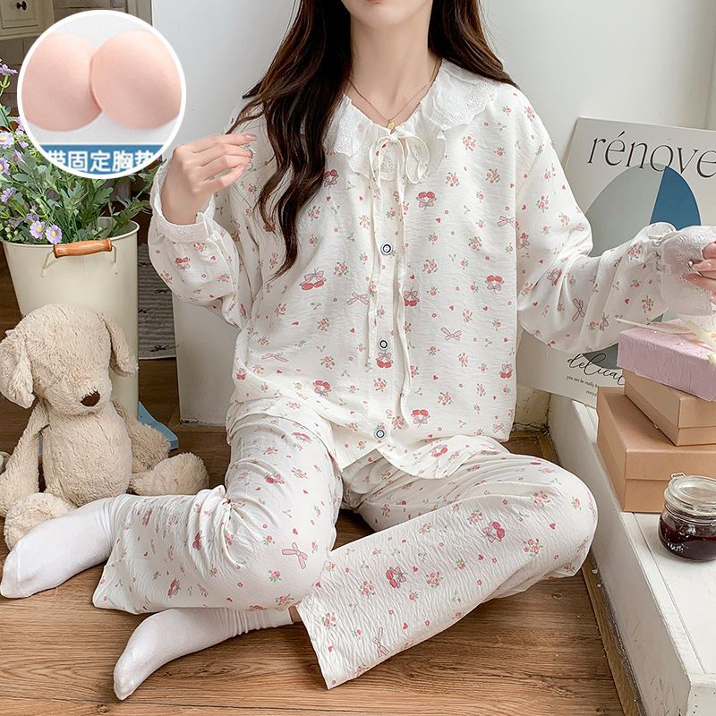 Al por mayor transfronterizo nuevo cardigan de algodón nublado princesa correa de viento cojín de pecho cardigan dulce pantalones de manga larga pijamas ropa doméstica de mujer