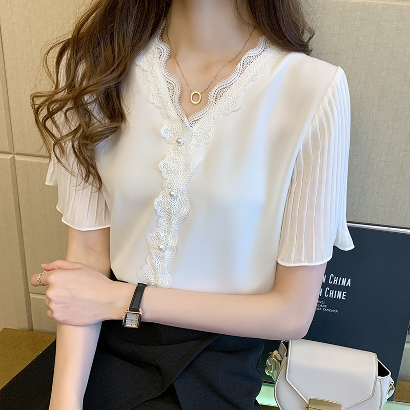 Short-Sleeved Chiffon Shirt for Women, Lace V-Neck Top, 2026 Summer Style, Fashionable and Stylish Blouse Bl4022 Short-Sleeved Chiffon Shirt for Women, Lace V-Neck Top, 2026 Summer Style, Fashionable and Stylish Blouse Bl4022