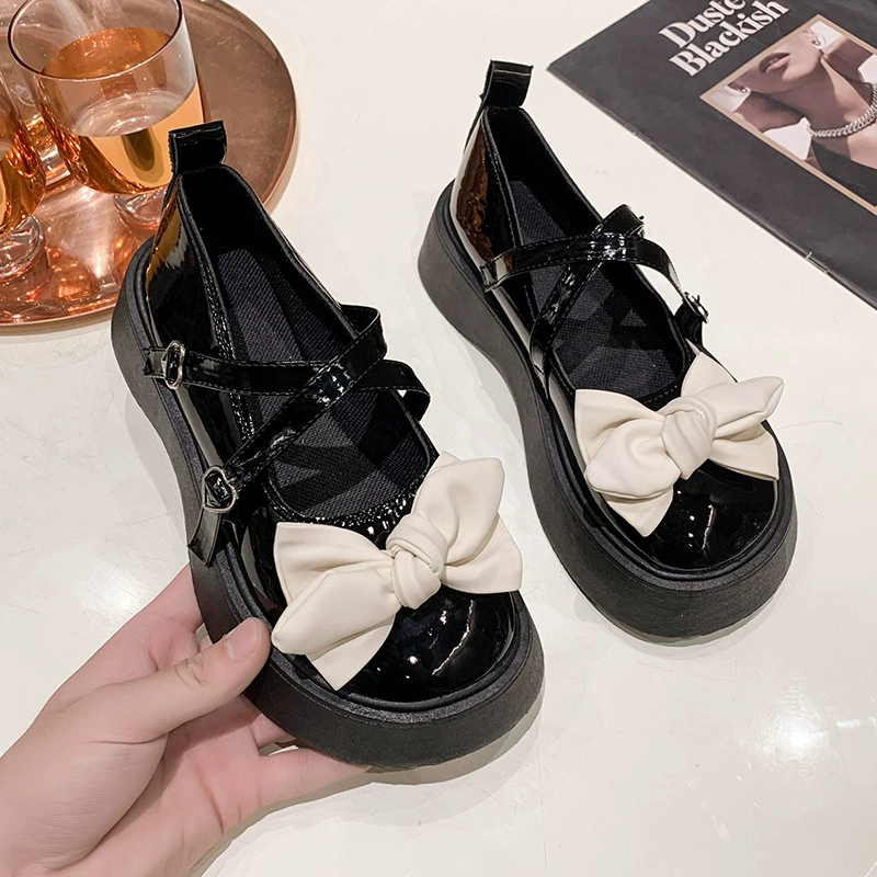 Cute Japanese Lolita Bow Shoes in PU Leather, Mary Jane Style, Summer Footwear