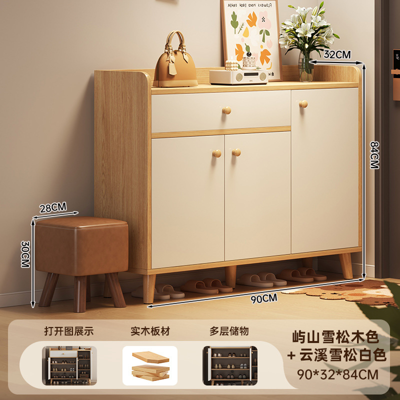 [3개의 문과 1개의 서랍이 있는 고품질 단단한 나무 생태 보드] 90*32*84cm Yushan 단단한 나무 색상 + 흰색, 조립됨