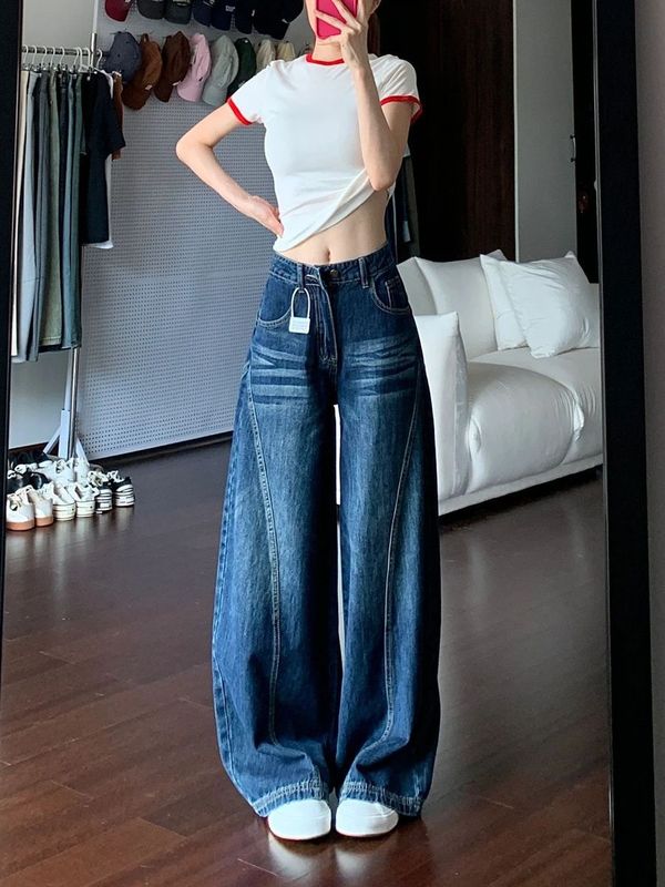 美式深蓝松弛感阔腿牛仔裤女韩版ins潮春秋季辣妹高腰弯刀长裤子|undefined
