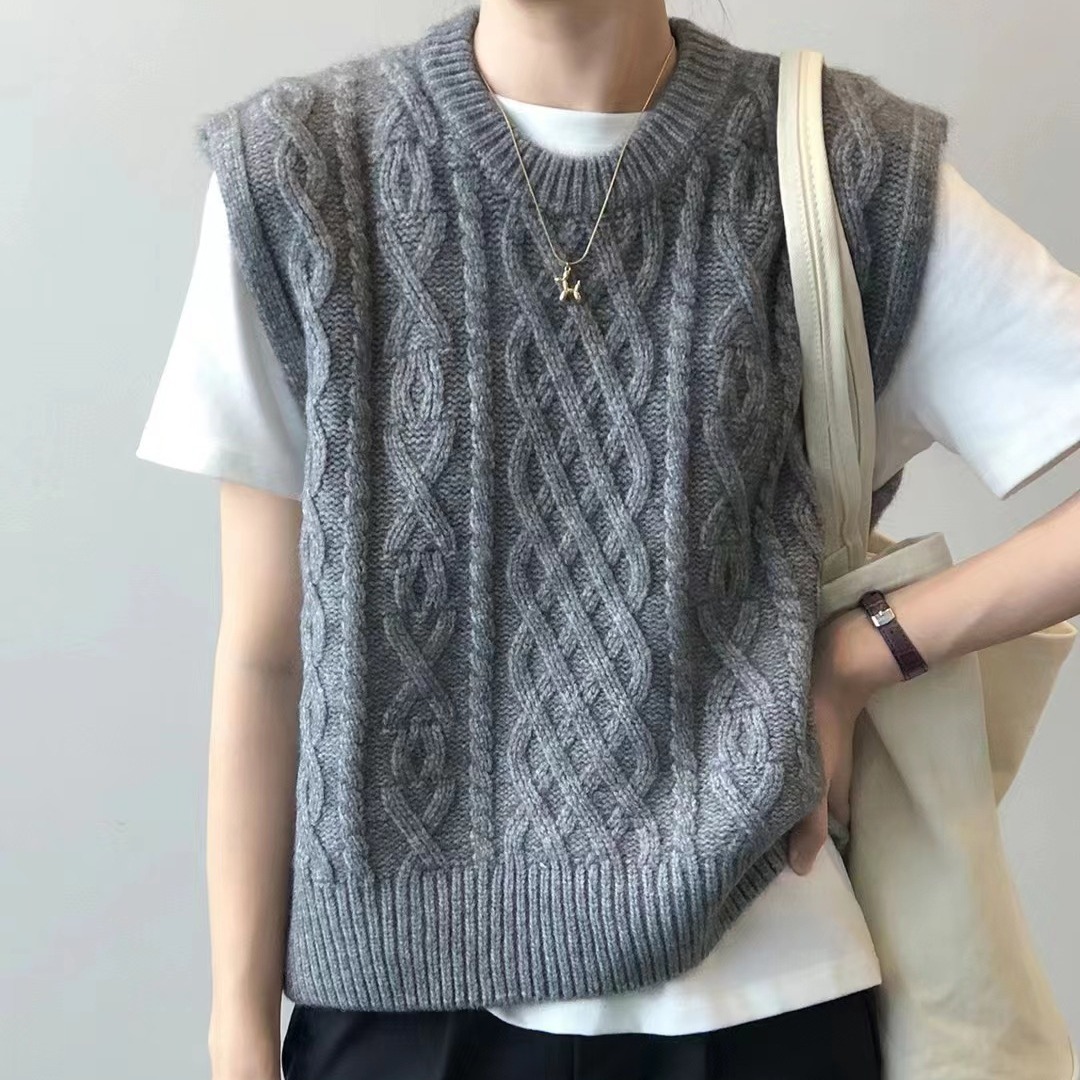 Estilo coreano grueso flojo apilado Chaleco de punto exterior cuello redondo chaleco vintage giro suéter sin mangas para las mujeres Otoño e Invierno