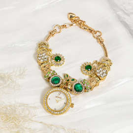 EPOPER繁花圆形手链表金色绿珠宝奢华时尚小众女士手表防水石英表