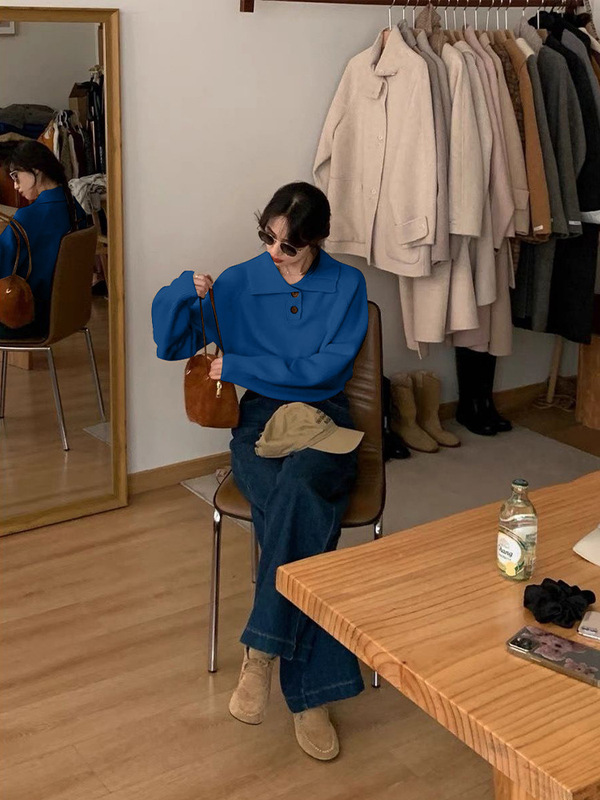 韩系穿搭蓝色polo领毛衣内搭上衣女夏季外穿短款高级感软糯针织衫|undefined