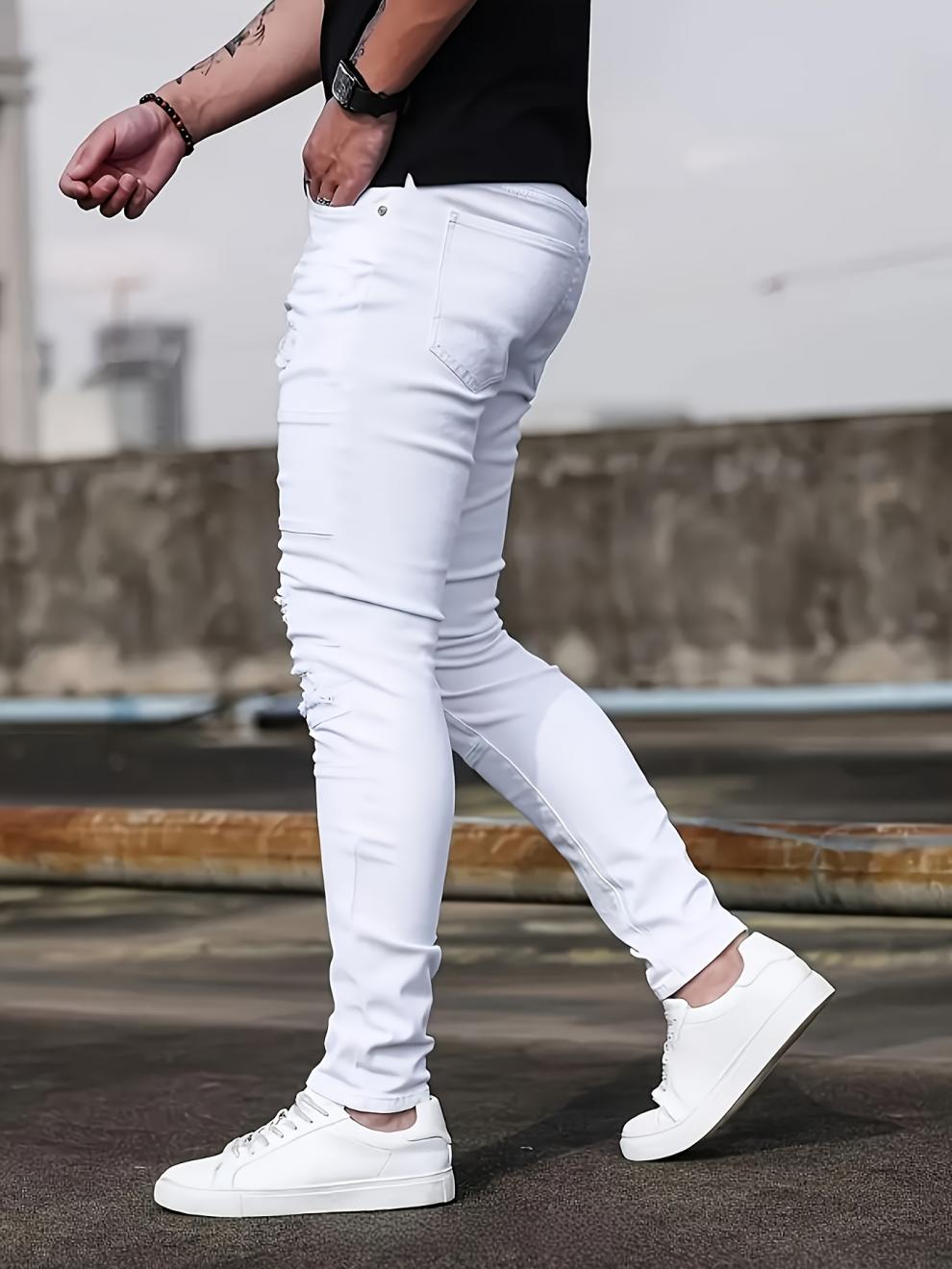 Classic Slim Fit Stretch Jeans Straight Leg Casual Men's Clothing White Stylish_mkmklike.com