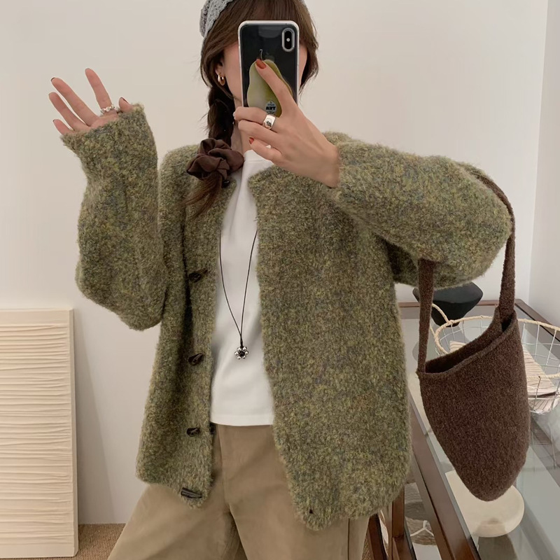 法式牛角扣针织衫外套女软糯圈圈纱毛衣开衫秋冬季小众设计感上衣|undefined