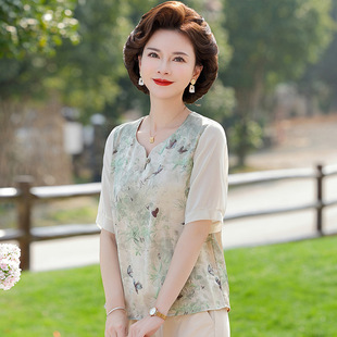 2025 New Mom Summer Short-Sleeved Chiffon Shirt Middle-Aged and Elderly Women's T-Shirt Fashionable Pullover Shirt Foreign Style Thin Top