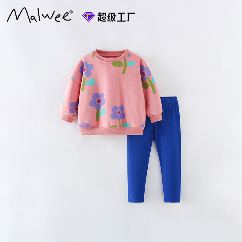 Trajes de niñas malwee transfronterizos otoño y invierno nuevos niños europeos y estadounidenses cuello redondo manga larga lindos dos juegos de niñas pequeñas