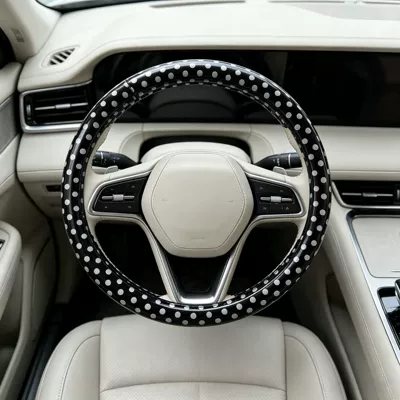 Cross-Border Amazon Wholesale Car Steering Wheel Cover Polka Dot Anti-Slip Wear-Resistant Retro Fashion Steering Wheel Cover (Steering wheel cover) - pu-leather-black-base-white-polka-dots-universal-style-38cm