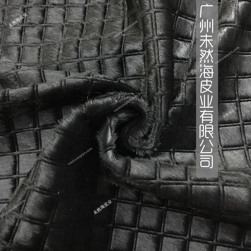 新款方格纹黑色牛毛皮真皮真毛家具箱包鞋用压花头层牛皮编号2575