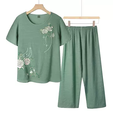 Middle-aged Pajamas Women's Summer Cotton and Linen Short-sleeved Two-piece Summer Simple Breathable Top Pants Outer Wear Home Clothes - ShopShipShake