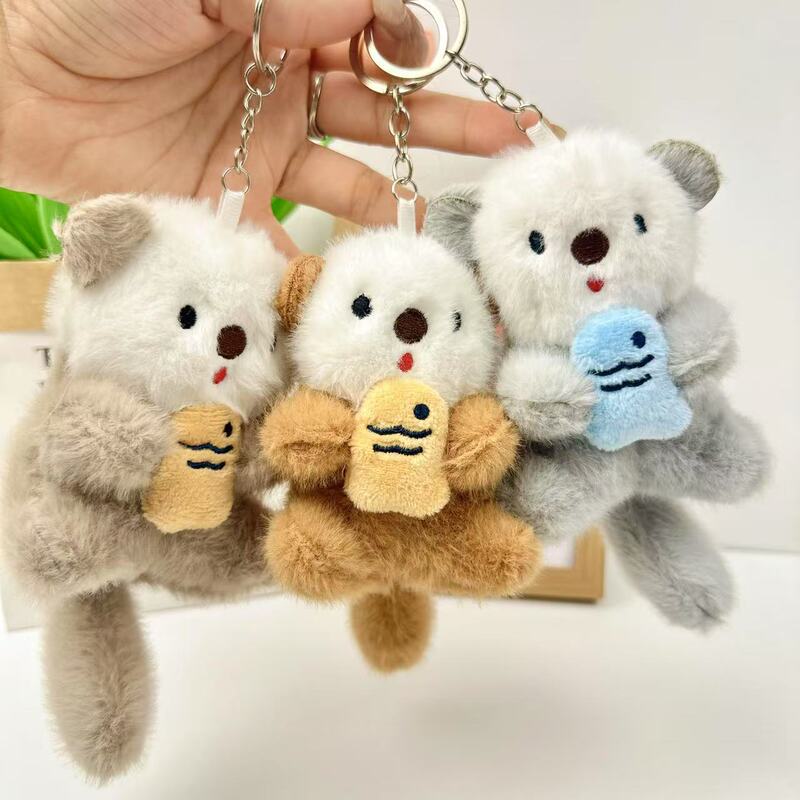Creative Cute Pet Pendant Plush Toy Doll Big Tail Holding Fish Otter Bag Charm Keychain Doll