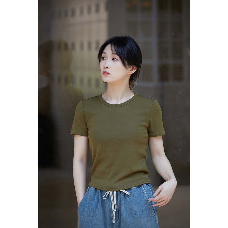 Summer Literary Retro Original Casual Moss Olive Green Ribbed Cotton Breathable Slim Round Neck Women's T-Shirt