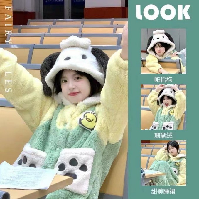 El otoño y el Invierno de lana coral franela lindo largo perro Pacha pijamas Las Mujeres camisón engrosada homewear se puede usar fuera