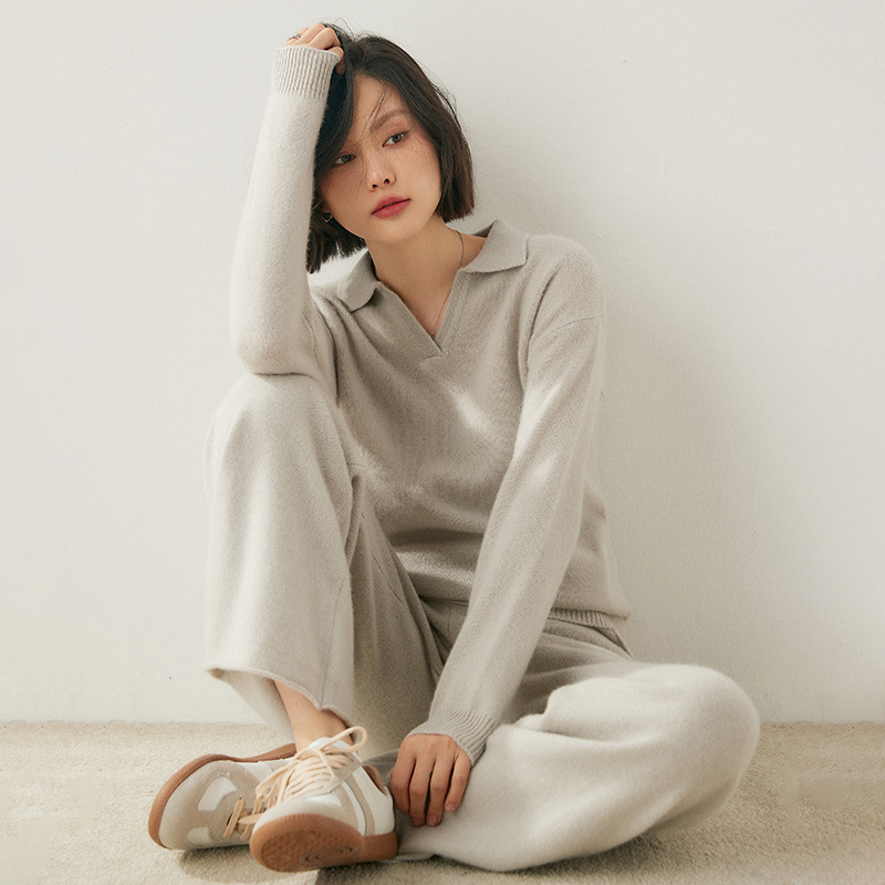 Wholesale 2025 Autumn and Winter New Suit Pants Pure Color Women's Cashmere Knitted Fashion Comfortable Casual Polo Collar Loose