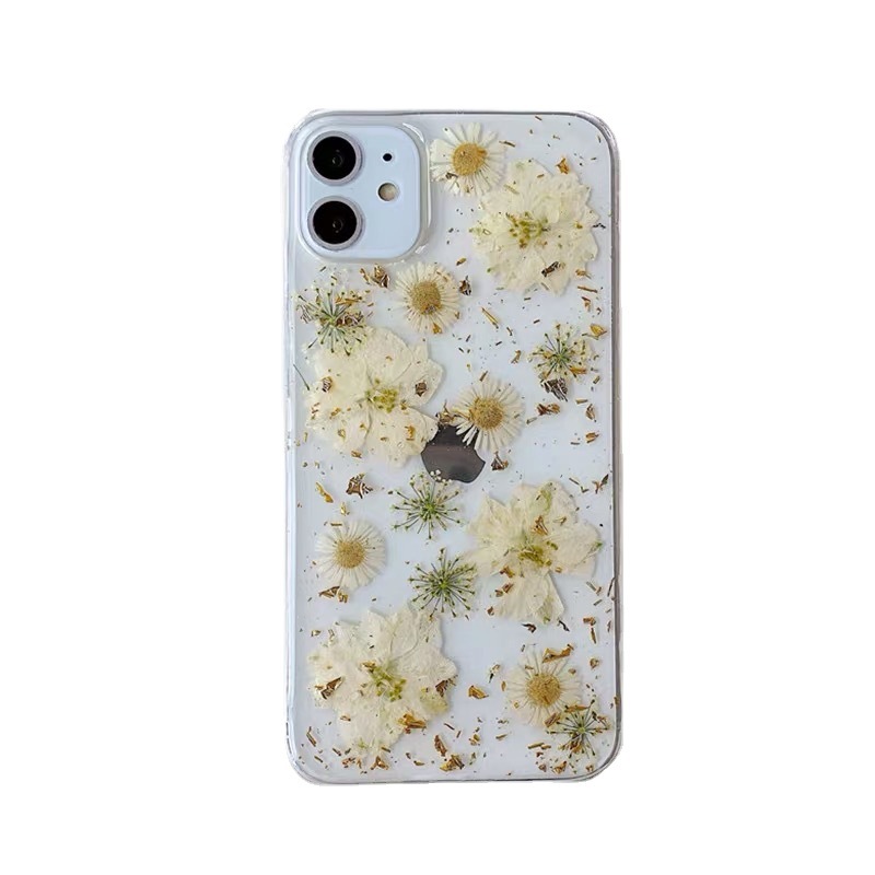 Transparent mobilskal med torkade blommor och guldfolie_voghion.com