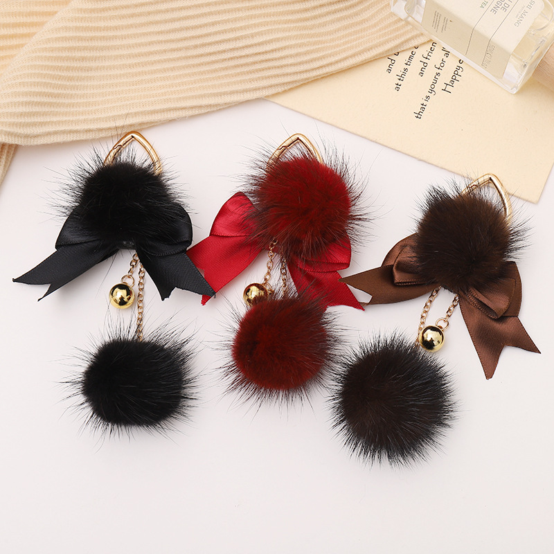 创意新款可爱水貂毛球挂件秋冬毛绒球钥匙扣挂饰配件蝴蝶结装饰品