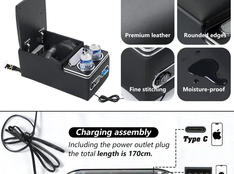 Universal Rear Seat Car Modification Armrest Box Storage Charging Atmosphere Light No-Drill Accessory Holder