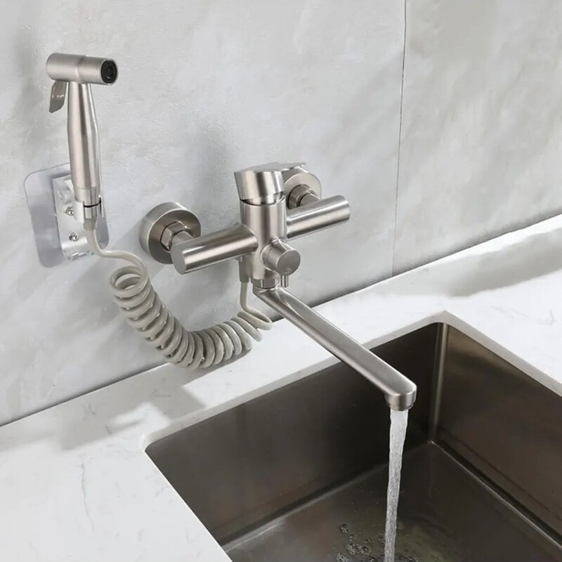 Cross-Border Wall-Mounted Kitchen Sink Faucet with Side Sprayer Handheld Bathtub Mixing Valve Wall Hot and Cold Faucet