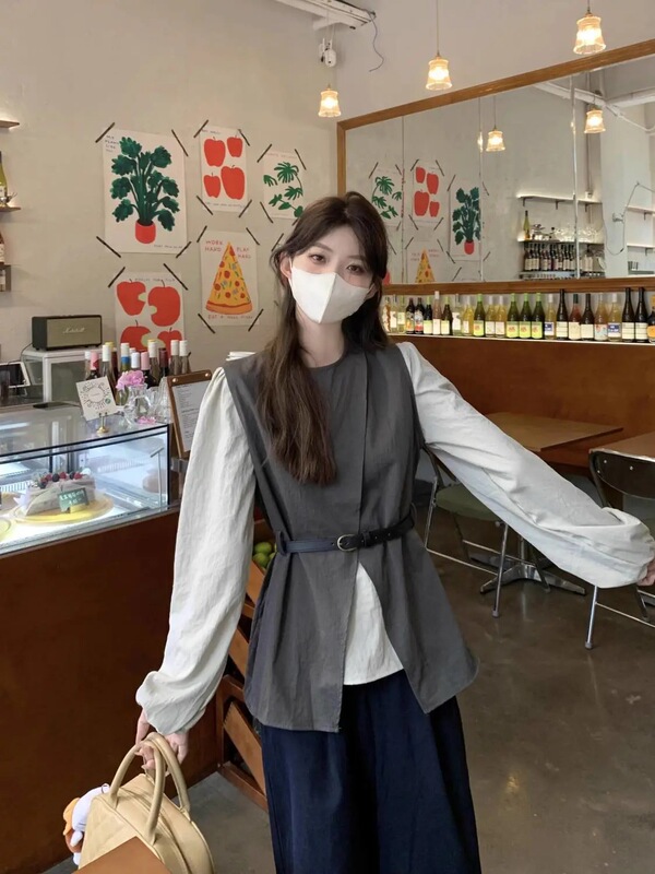设计感不规则开叉叠穿坎肩马甲长袖衬衫2025女秋季新款时尚套装潮|undefined
