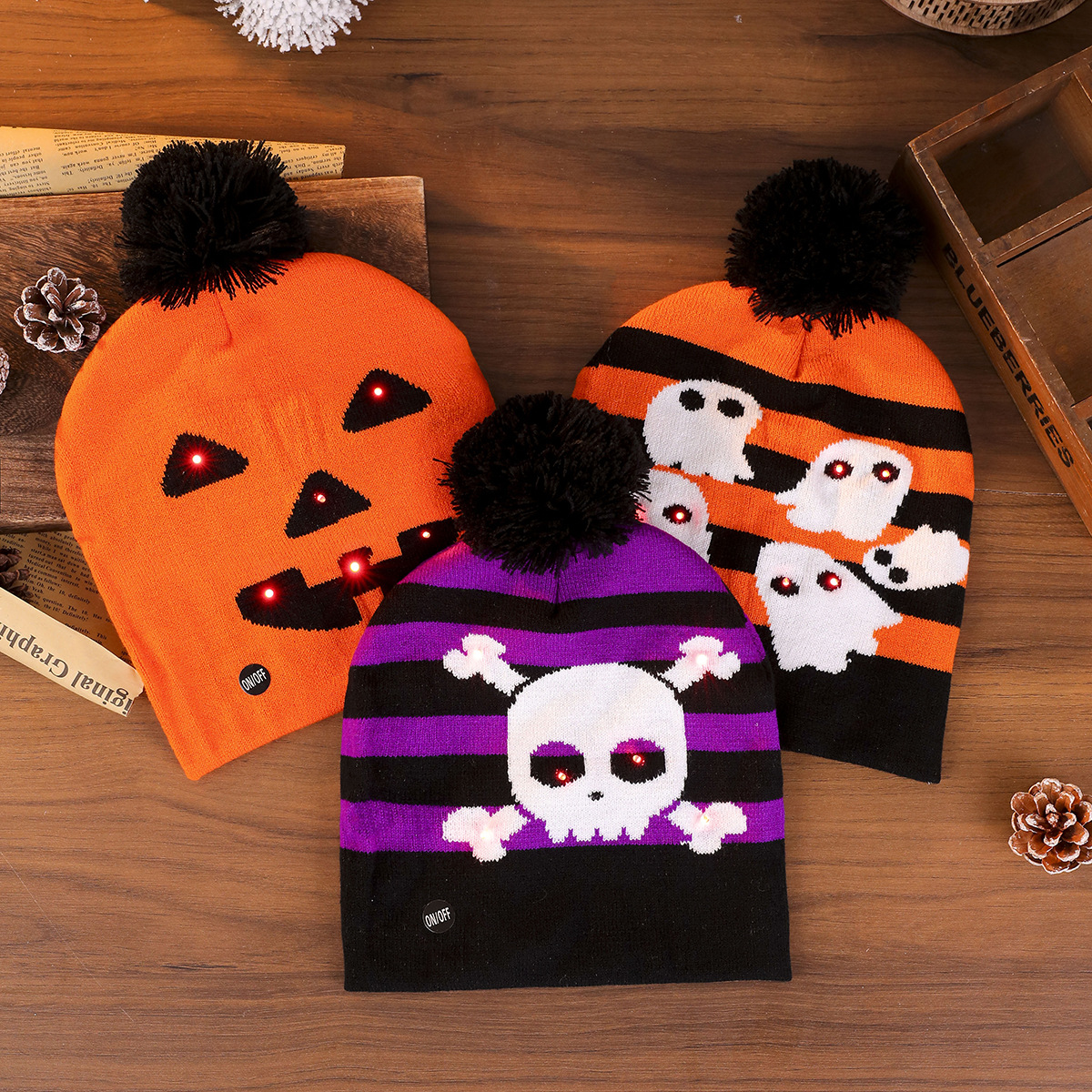 LED Halloween New Luminous Knitted Hat Skull Ghost Hat with Light…