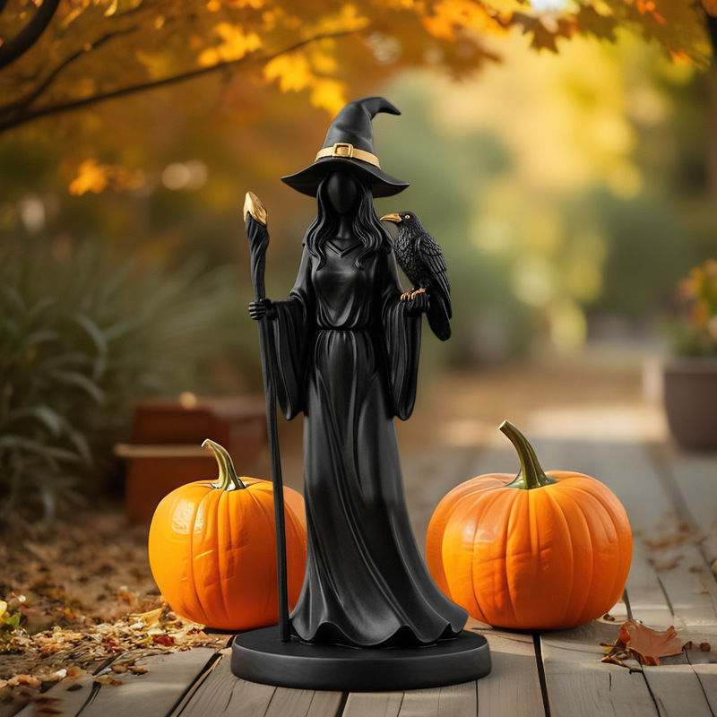 跨境新品万圣节Black Gold Staff Witch Sculpture黑金杖女巫雕像|undefined