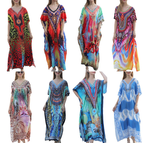 Beach Cover-up Sweatshirt Quick-Dry Printed Beach Sun Protection Shirt Loose Vacation Long Robe Bikini Swim Cover-up Sweatshirt 5D13