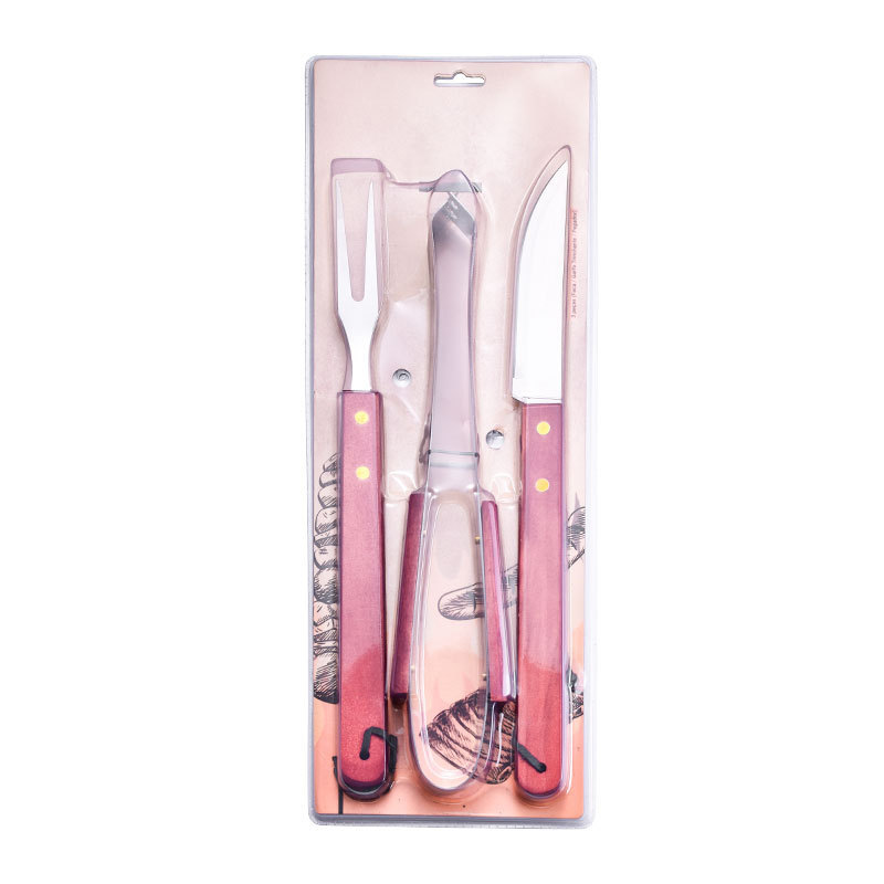 Mango de madera de acero inoxidable en stock para parrilla de tres piezas con tarjeta de aspiración para parrilla de horquilla