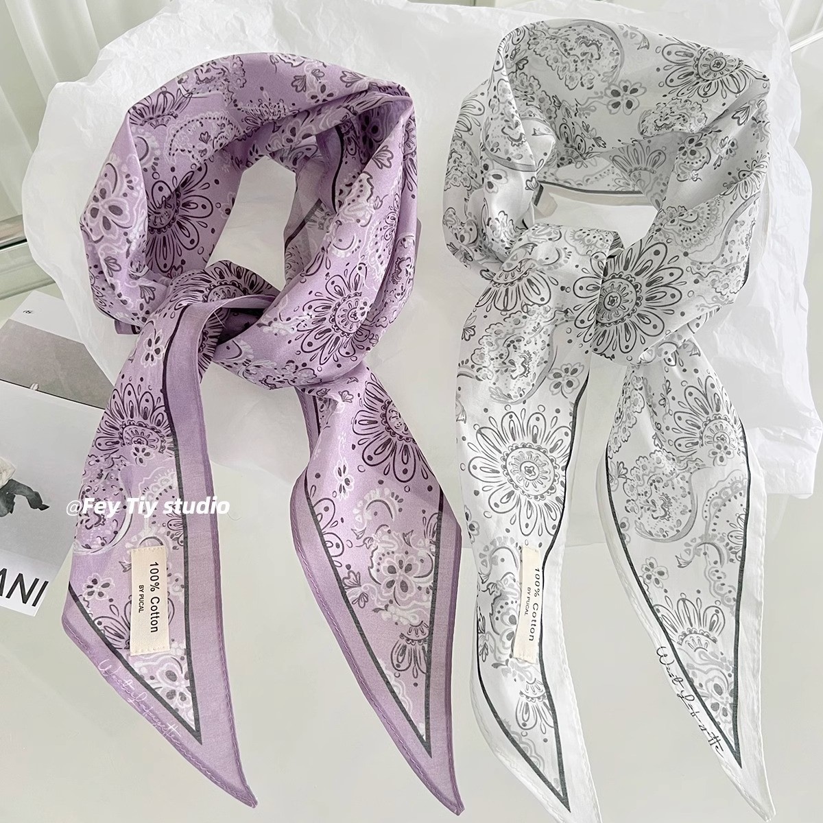 Pañuelo triangular de seda y algodón puro, color morado claro, con diseño paisley, versátil y elegante, nuevo pañuelo triangular para la cabeza, primavera/verano