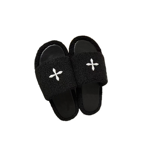Cross-Strap Plush Shoes for Women -  New Model Heel Lift Outerwear Flat Sole Home Black Lamb Wool Fleece One-Sided Slippers