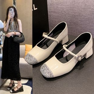 Fashionable and Versatile Silver Fashionable Soft Leather Shoes French Versatile Shallow Mouth Thick Heel Mary Jane Women's Shoes Internet Celebrity