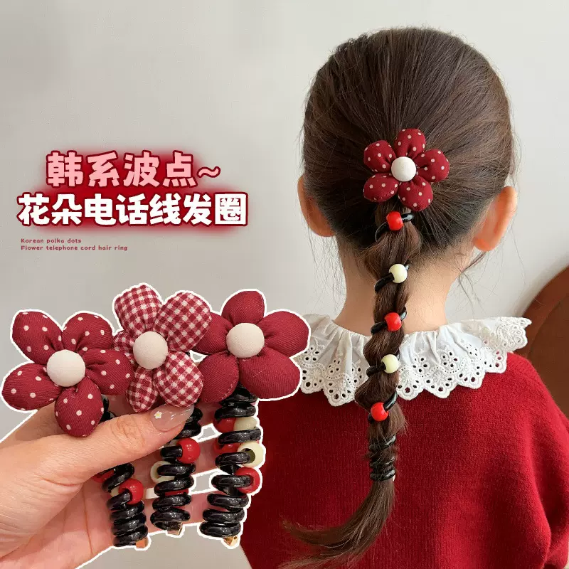 女童电话线发圈公主宝宝盘发扎马尾不伤发头饰女孩红色波点款发饰