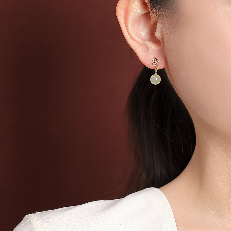 Bông tai nữ bạc S925 mạ vàng đính đá sodalite hình lá tre tròn — Mẫu sapphire